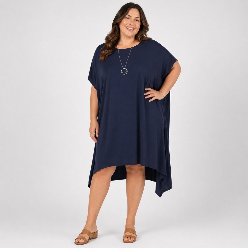 J Jill Wearever Shift Dress 2X Navy Blue Kimono Lagenlook Minimalist Midi